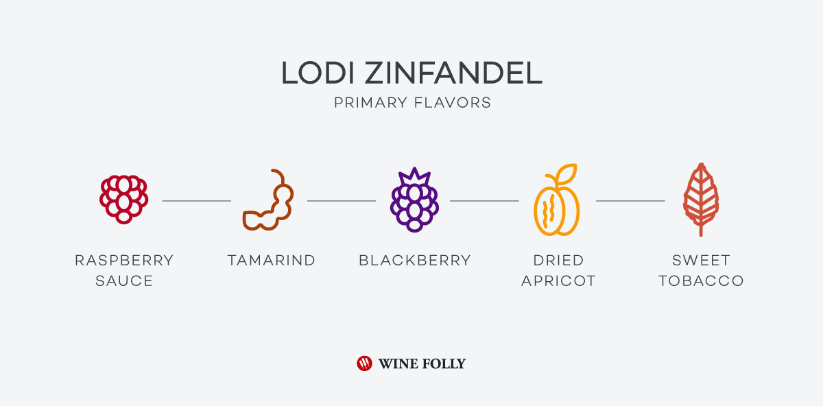 Lodi Zinfandel Tasting notes including raspberry sauce, blackberry, tamarind, dried apricot and sweet tobacco